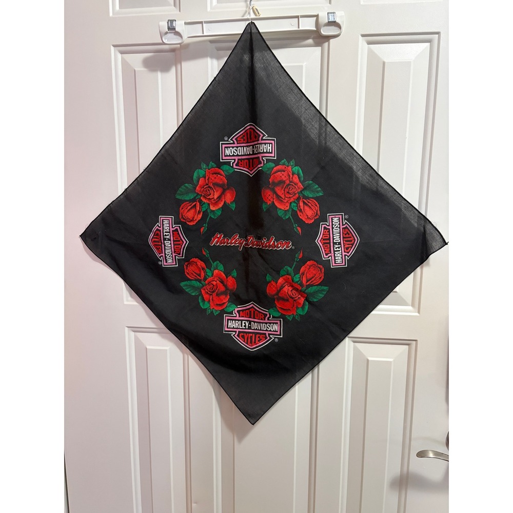 Vintage Harley Davidson Bandana Black Red Roses Pink Bar & Shield Logo Scarf